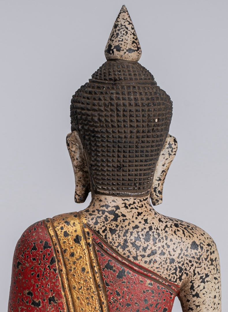 Buddha Statue - Antique Khmer Style SE Asia Seated Wood Enlightenment Buddha Statue - 34cm/14"