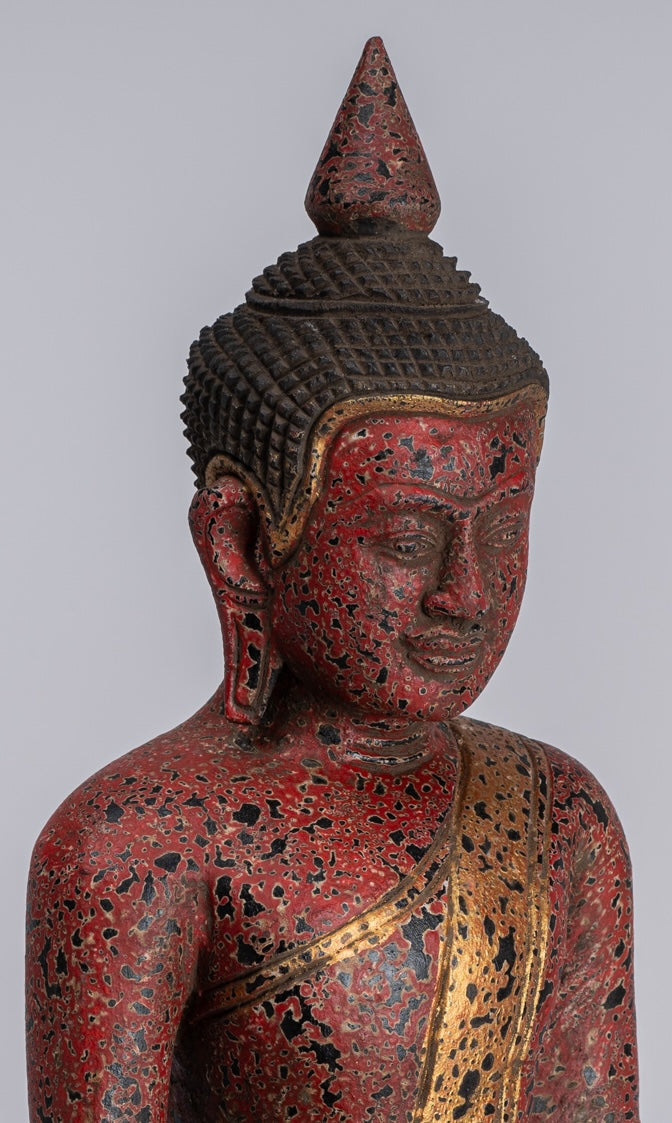 Buddha Statue - Antique Khmer Style SE Asia Seated Wood Enlightenment Buddha Statue - 33cm/13"