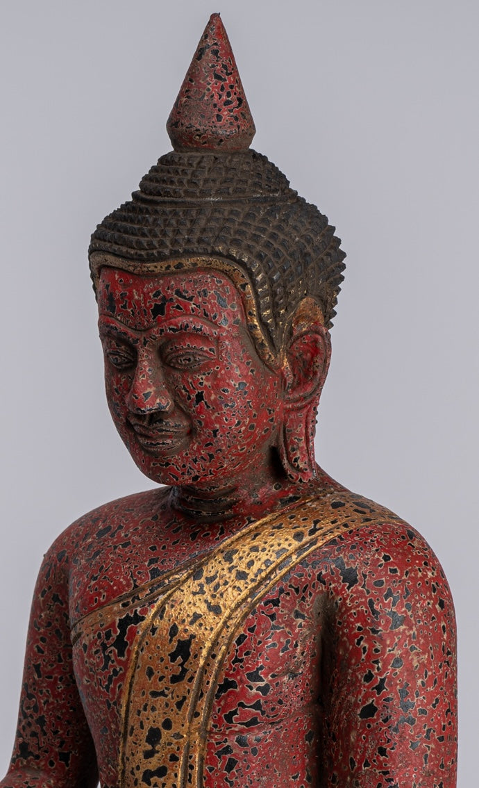 Buddha Statue - Antique Khmer Style SE Asia Seated Wood Enlightenment Buddha Statue - 33cm/13"