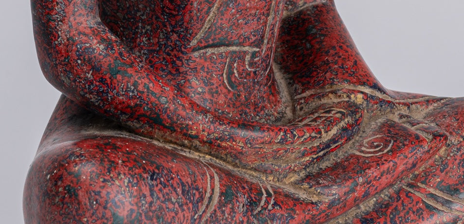 Buddha Sculpture - Antique Khmer Style Wood Seated Buddha Statue Dhyana Meditation Mudra - 33cm/13"