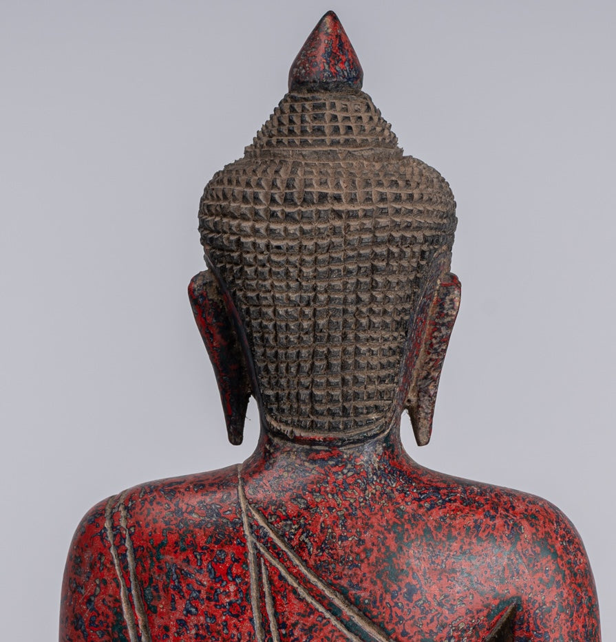 Buddha Sculpture - Antique Khmer Style Wood Seated Buddha Statue Dhyana Meditation Mudra - 33cm/13"