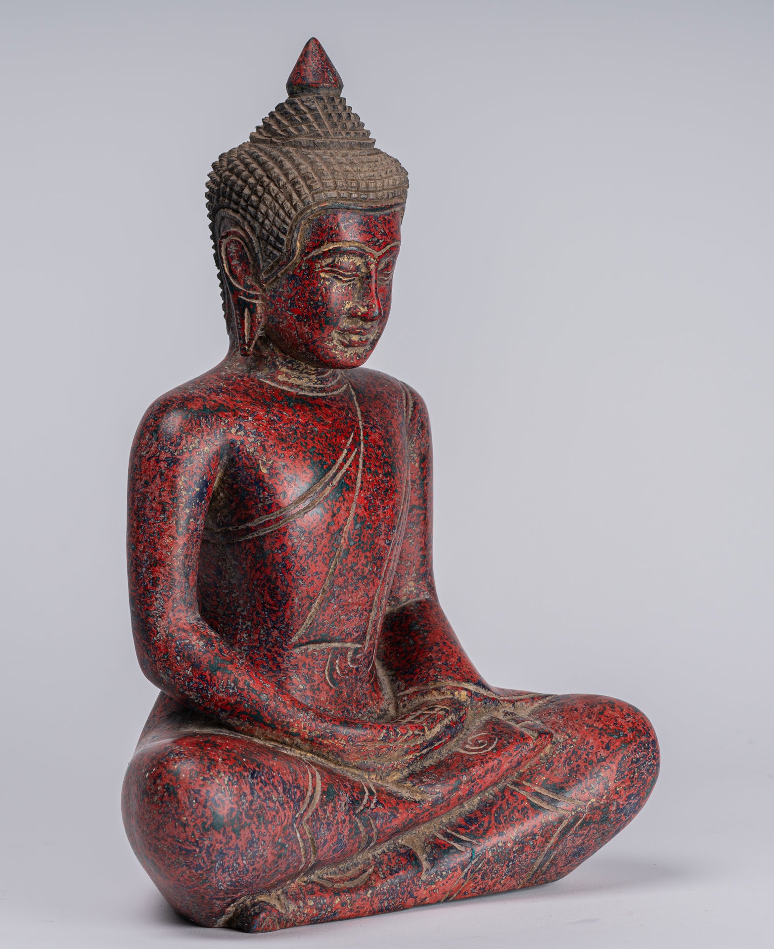 Buddha Sculpture - Antique Khmer Style Wood Seated Buddha Statue Dhyana Meditation Mudra - 33cm/13"