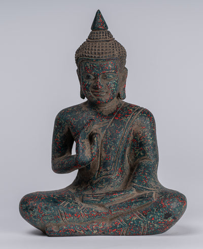 Buddha Statue - Antique Khmer Style Cambodia Seated Wood Buddha Statue Teaching Mudra - 20cm/8"