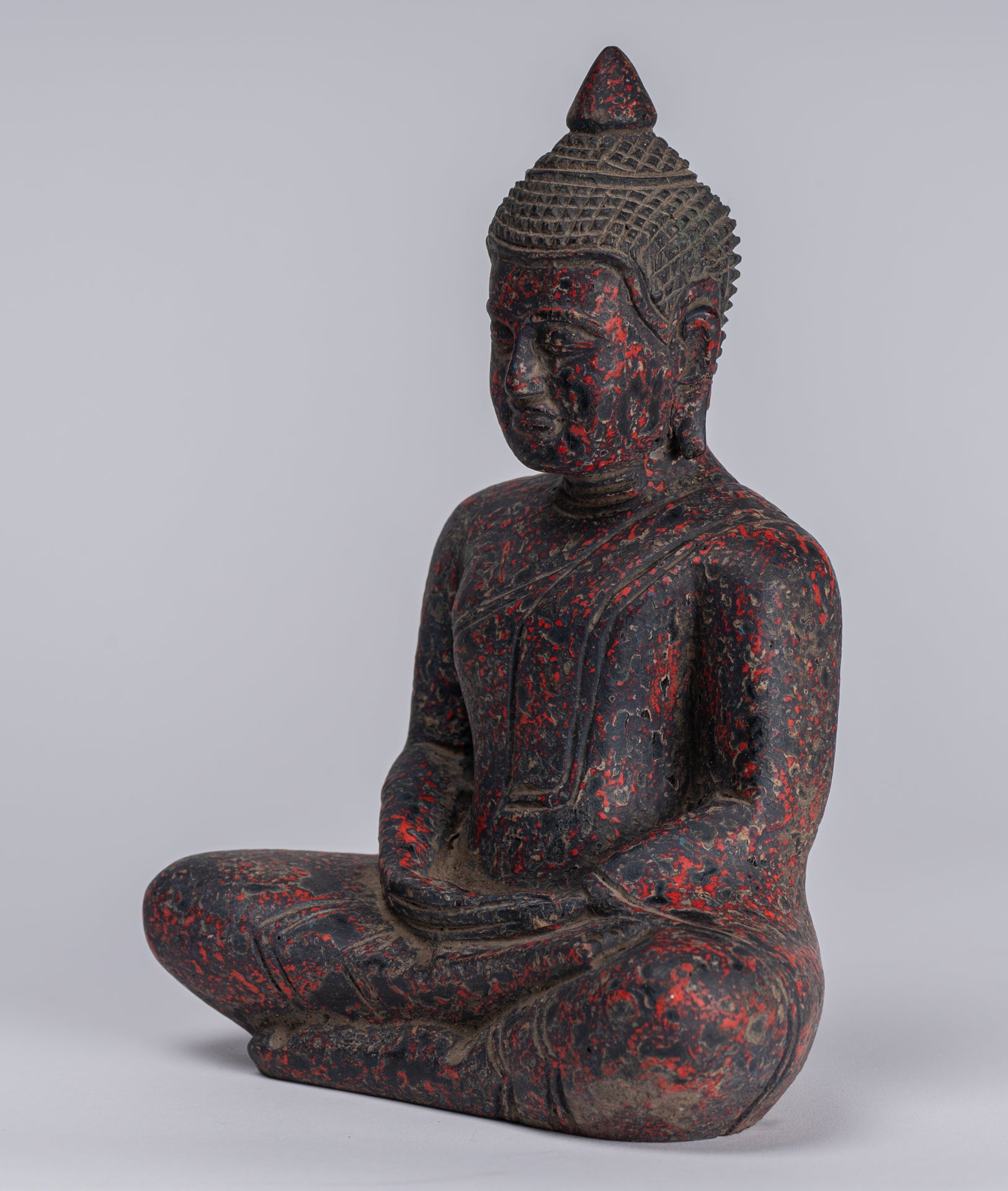 Buddha Sculpture - Antique Khmer Style Wood Seated Buddha Statue Dhyana Meditation Mudra - 20cm/8"