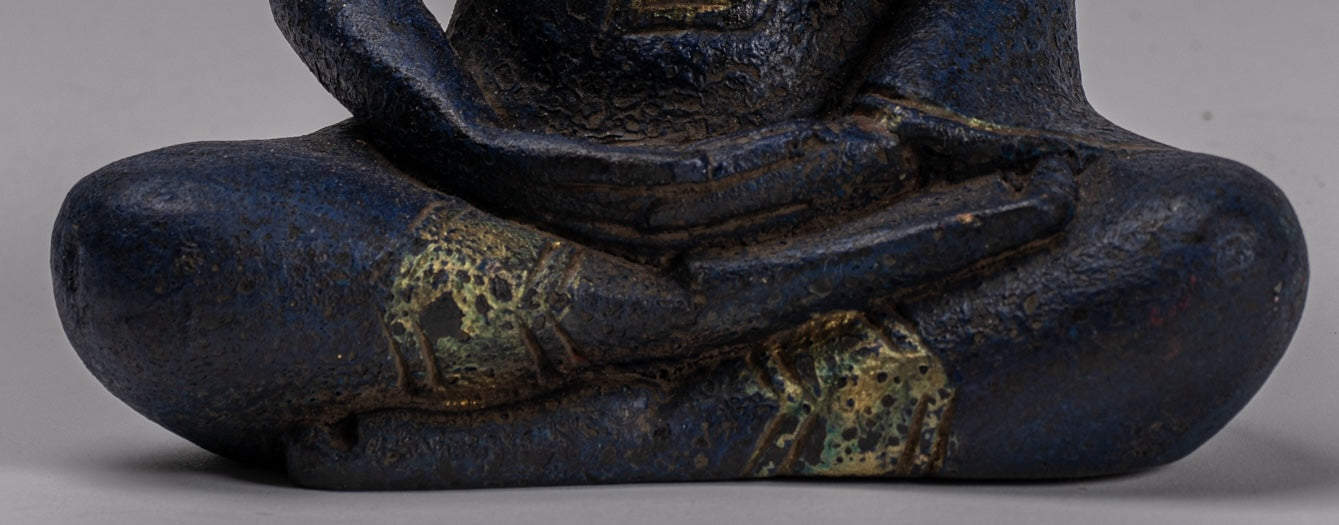 Buddha Sculpture - Antique Khmer Style Wood Seated Buddha Statue Dhyana Meditation Mudra - 21cm/8"