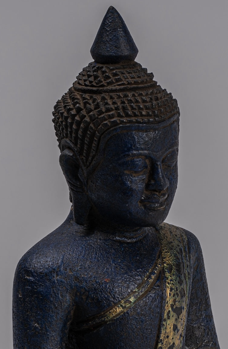 Buddha Sculpture - Antique Khmer Style Wood Seated Buddha Statue Dhyana Meditation Mudra - 21cm/8"