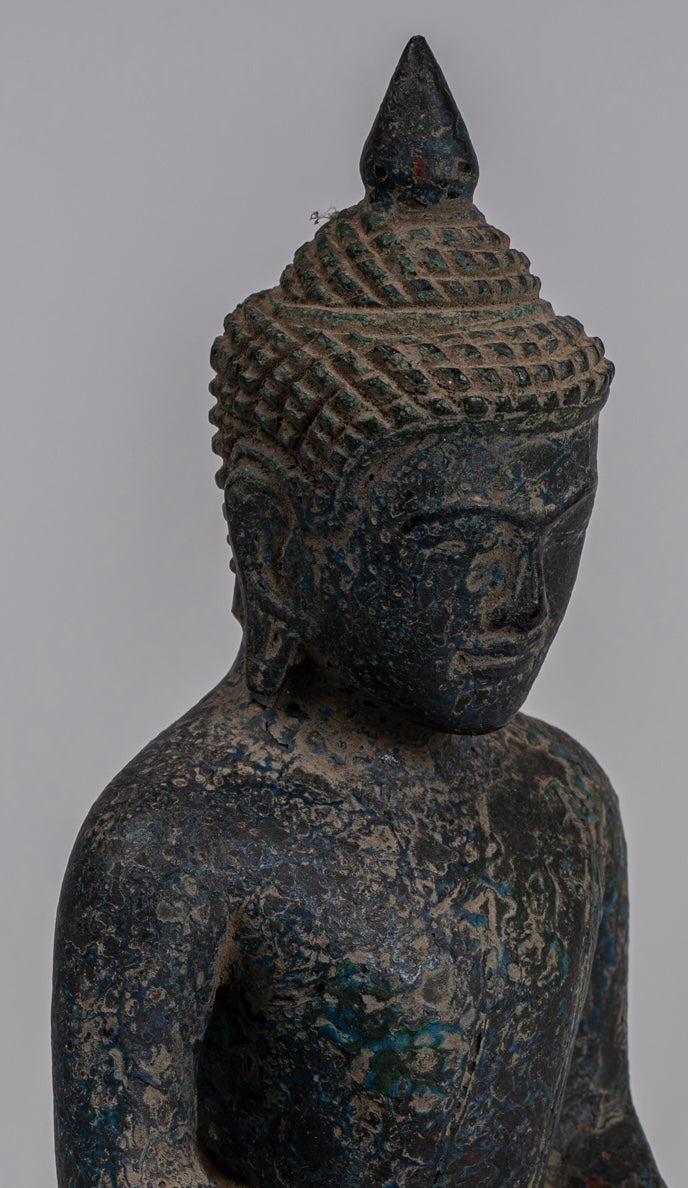 Buddha Statue - Antique Khmer Style SE Asia Seated Wood Enlightenment Buddha Statue - 21cm/8"
