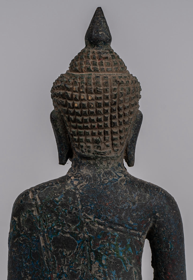 Buddha Statue - Antique Khmer Style SE Asia Seated Wood Enlightenment Buddha Statue - 21cm/8"