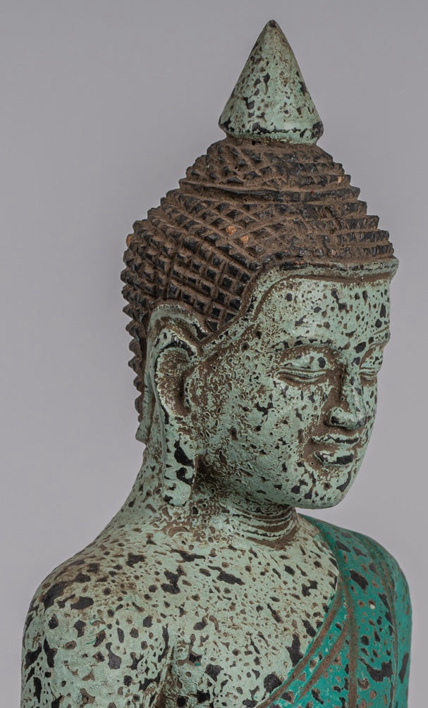 Buddha Statue - Antique Khmer Style SE Asia Seated Wood Enlightenment Buddha Statue - 26cm/10"