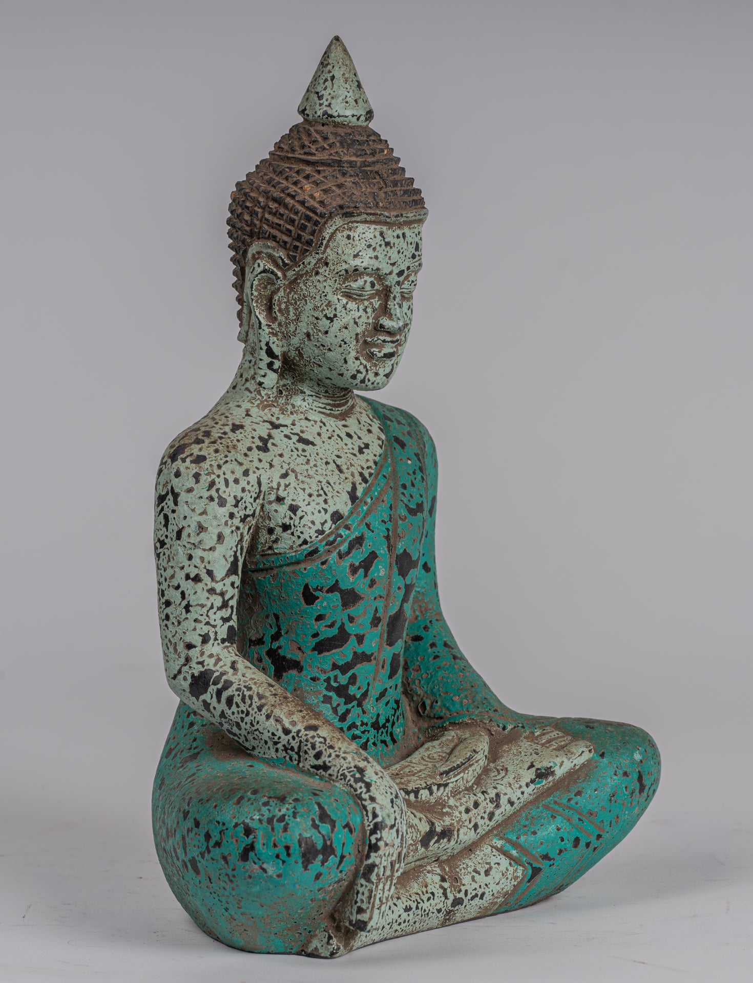 Buddha Statue - Antique Khmer Style SE Asia Seated Wood Enlightenment Buddha Statue - 26cm/10"