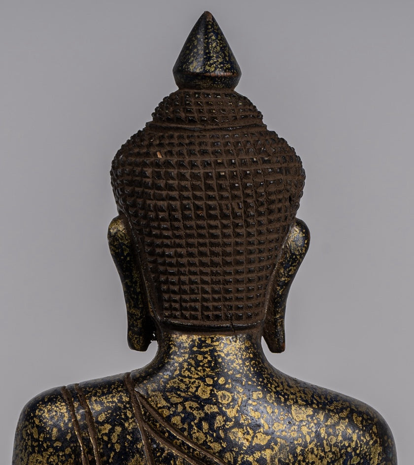 Buddha Statue - Antique Khmer Style SE Asia Seated Wood Enlightenment Buddha Statue - 26cm/10"
