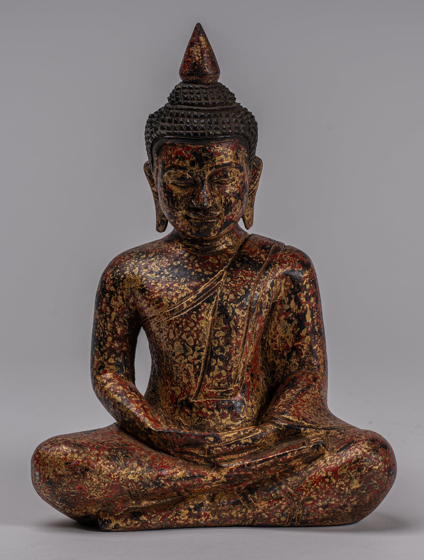 Buddha Sculpture - Antique Khmer Style Wood Seated Buddha Statue Dhyana Meditation Mudra - 21cm/8"