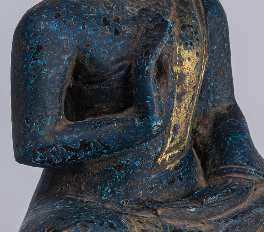 Buddha Statue - Antique Khmer Style Cambodia Seated Wood Buddha Statue Teaching Mudra - 20cm/8"