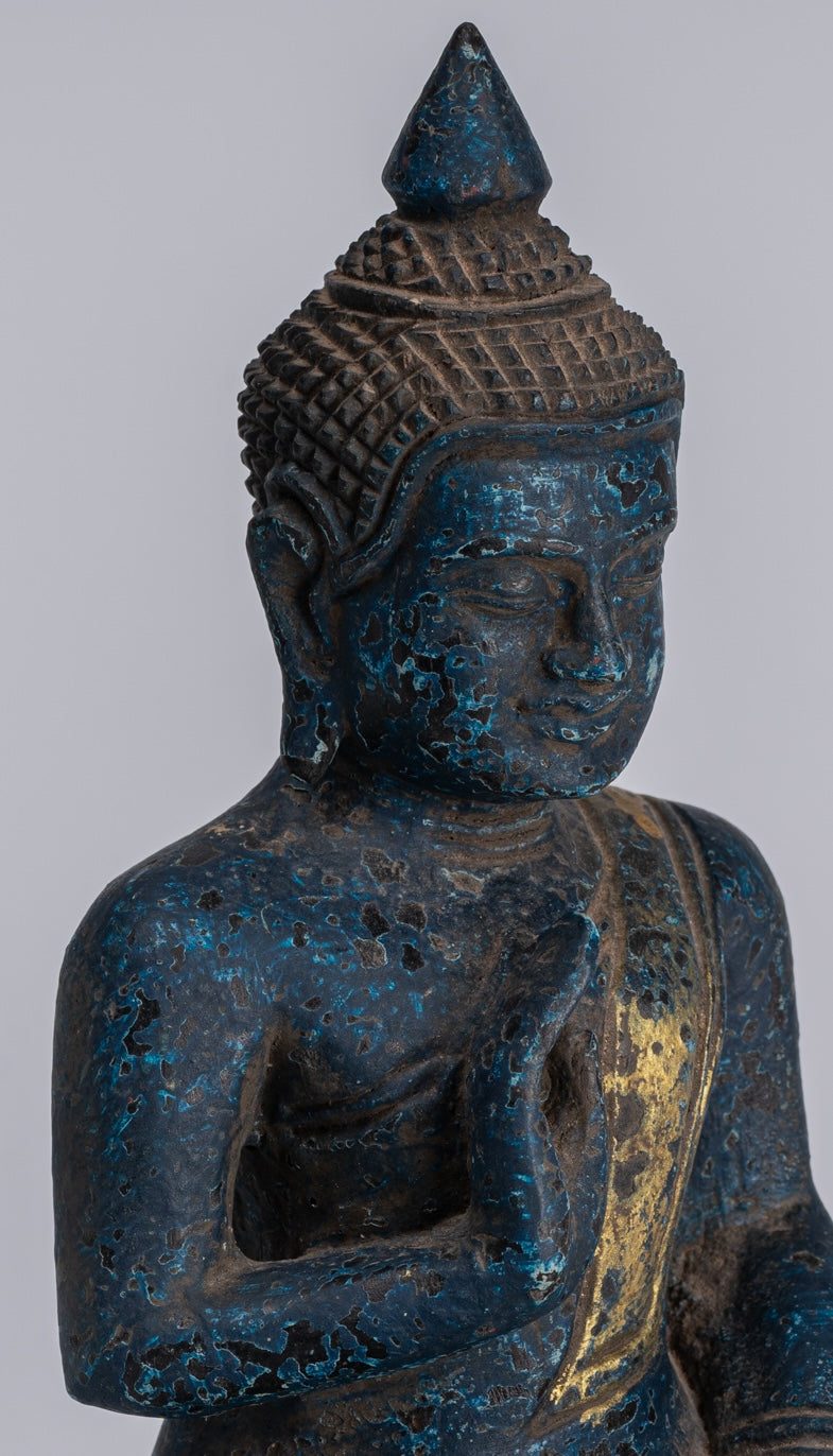 Buddha Statue - Antique Khmer Style Cambodia Seated Wood Buddha Statue Teaching Mudra - 20cm/8"