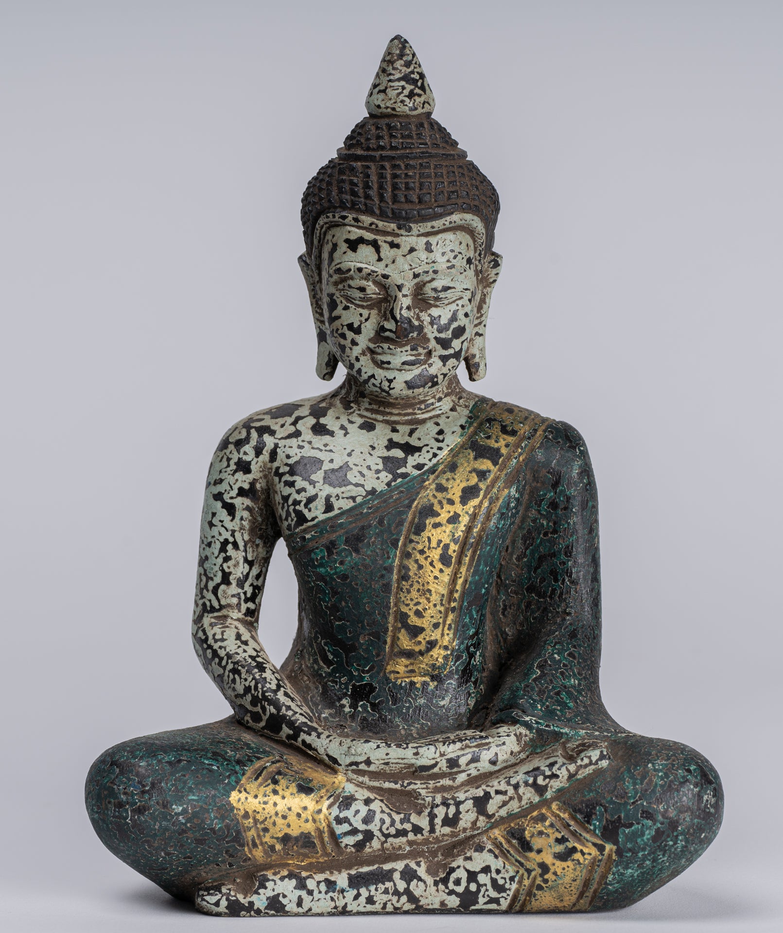 Buddha Sculpture - Antique Khmer Style Wood Seated Buddha Statue Dhyana Meditation Mudra - 21cm/8"