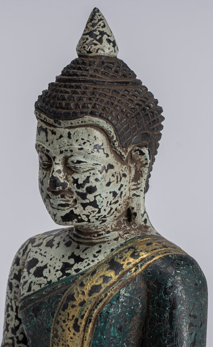 Buddha Sculpture - Antique Khmer Style Wood Seated Buddha Statue Dhyana Meditation Mudra - 21cm/8"