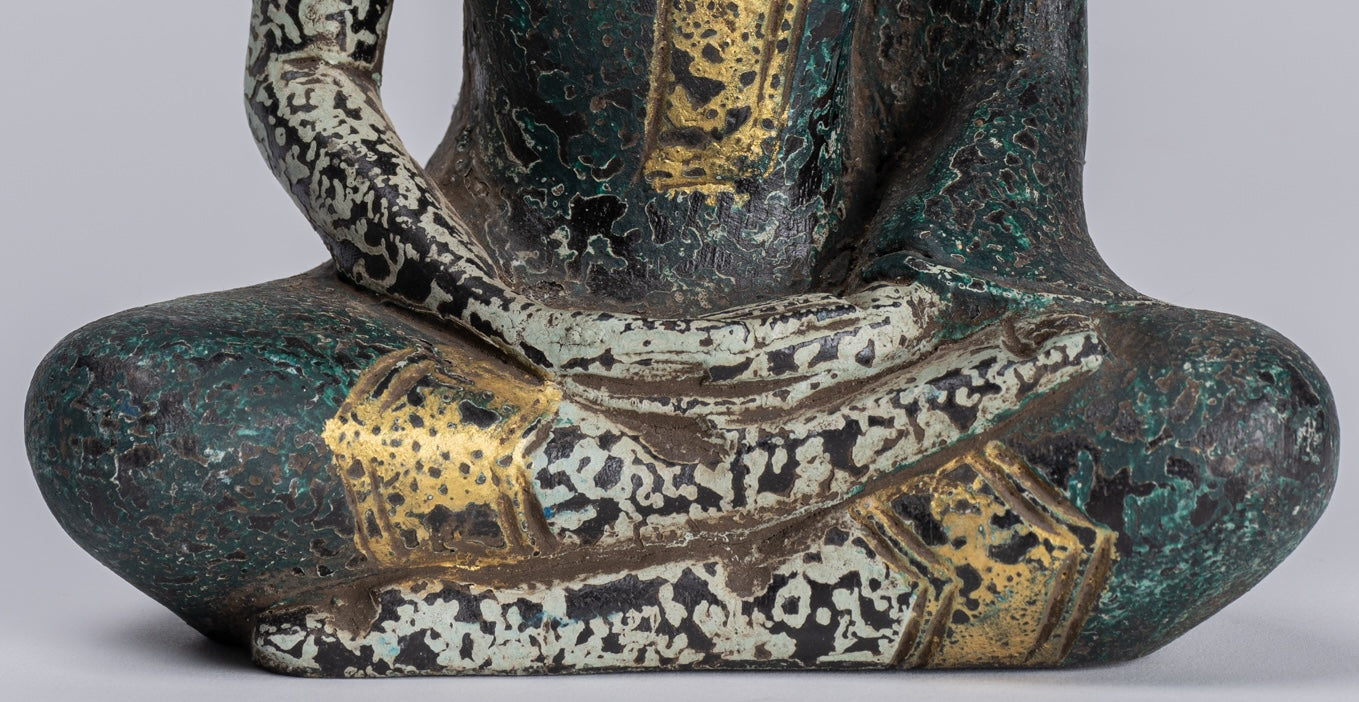 Buddha Sculpture - Antique Khmer Style Wood Seated Buddha Statue Dhyana Meditation Mudra - 21cm/8"