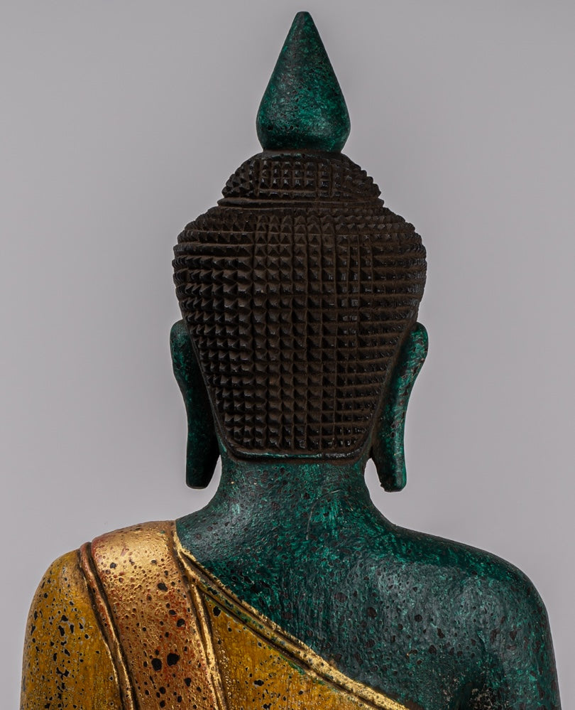 Buddha Sculpture - Antique Khmer Style Wood Seated Buddha Statue Dhyana Meditation Mudra - 39cm/16"