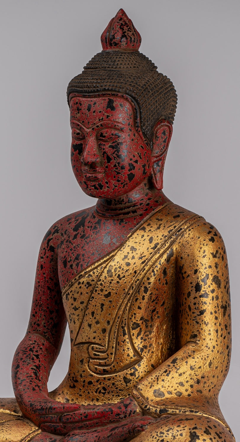 Buddha Sculpture - Antique Khmer Style Wood Seated Buddha Statue Dhyana Meditation Mudra - 51cm/20"