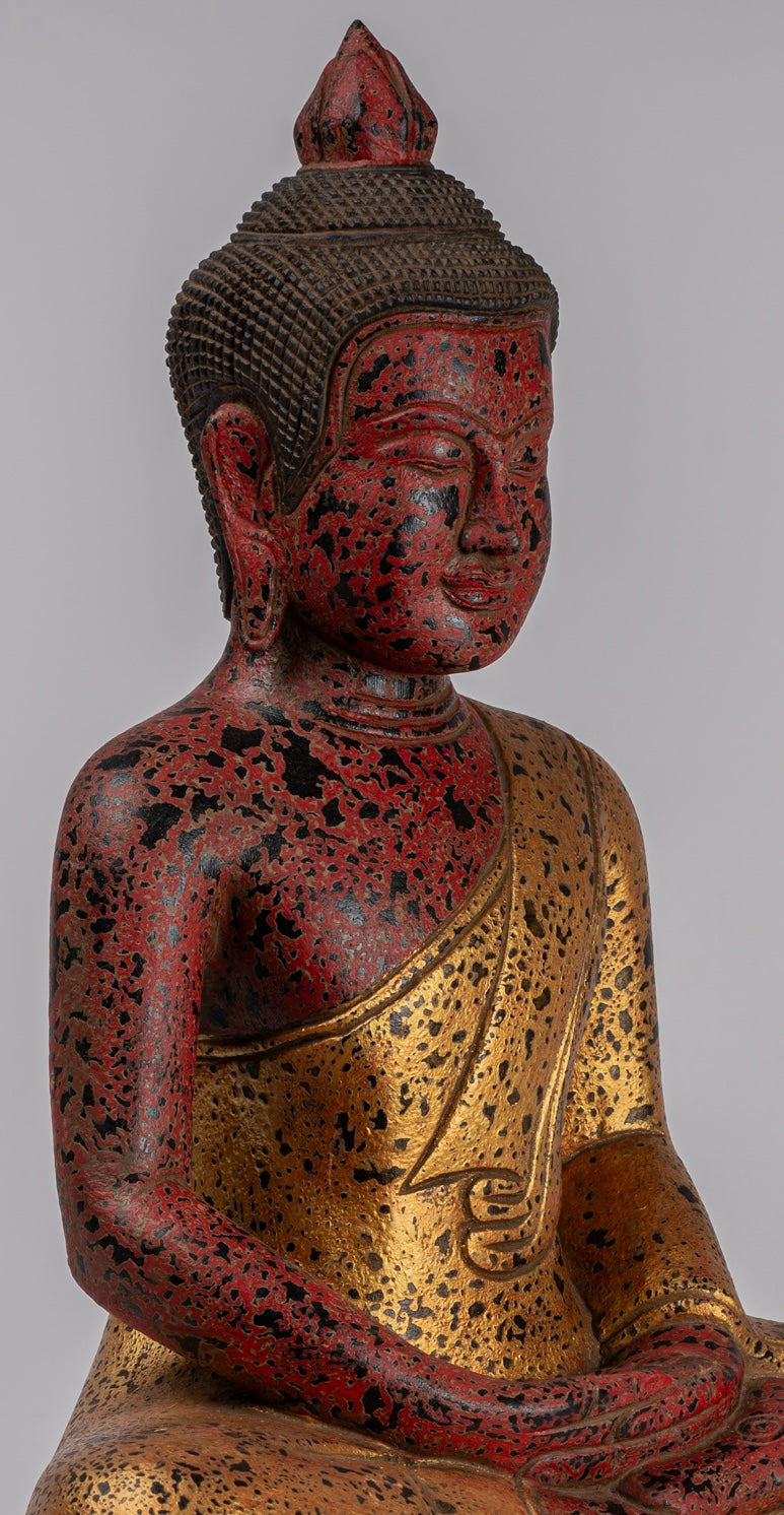 Buddha Sculpture - Antique Khmer Style Wood Seated Buddha Statue Dhyana Meditation Mudra - 51cm/20"