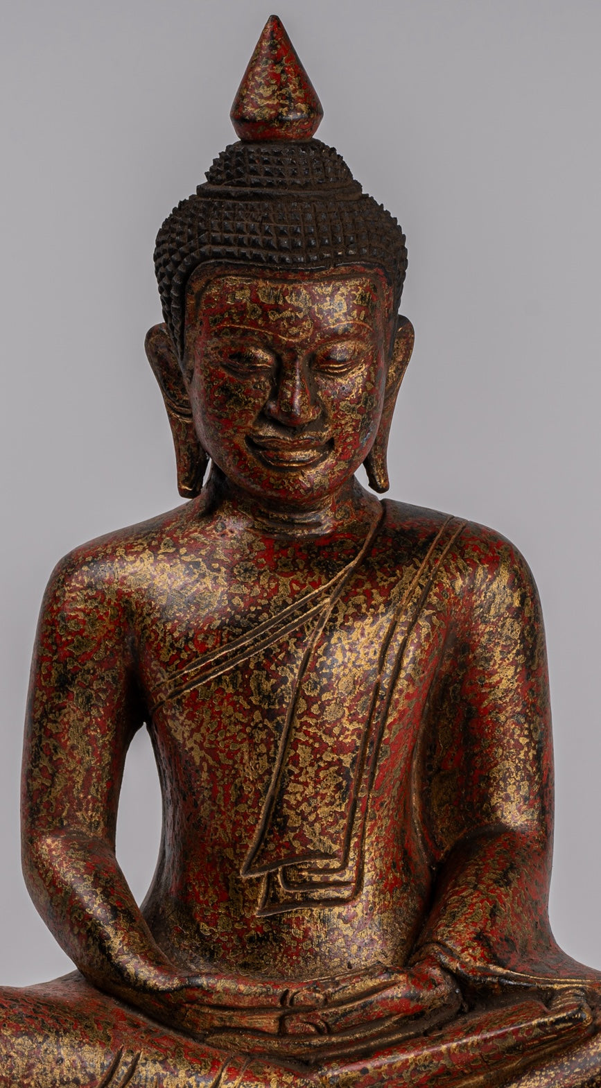 Buddha Sculpture - Antique Khmer Style Wood Seated Buddha Statue Dhyana Meditation Mudra - 32cm/13"