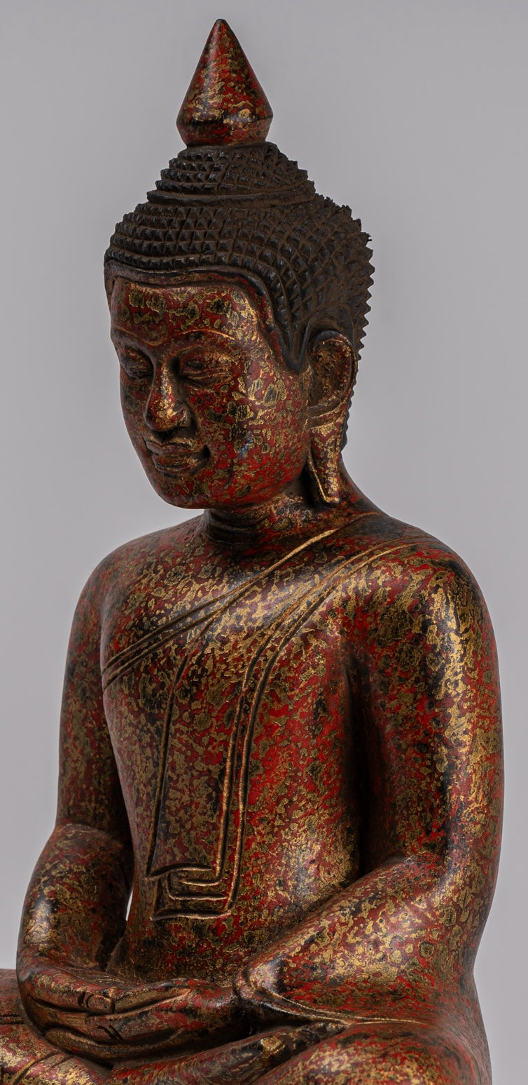 Buddha Sculpture - Antique Khmer Style Wood Seated Buddha Statue Dhyana Meditation Mudra - 32cm/13"