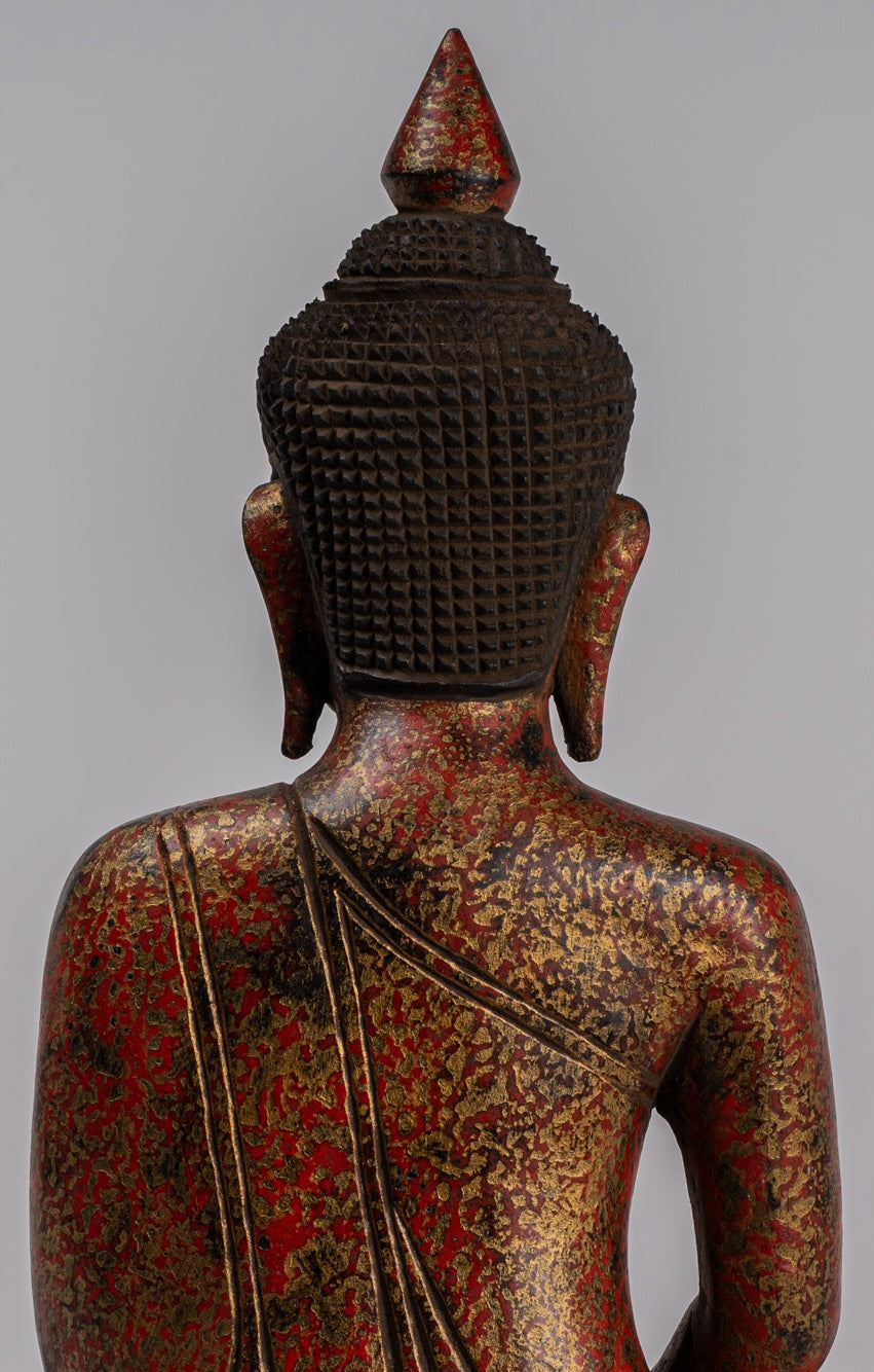 Buddha Sculpture - Antique Khmer Style Wood Seated Buddha Statue Dhyana Meditation Mudra - 32cm/13"