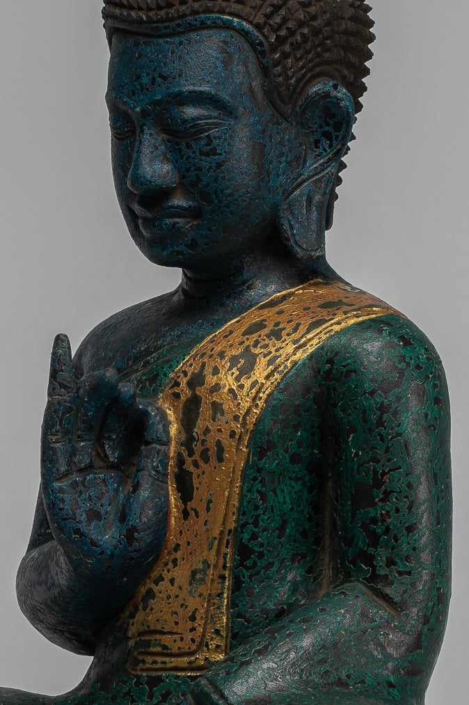 Buddha Statue - Antique Khmer Style Cambodia Seated Wood Buddha Statue Teaching Mudra - 47cm/19"