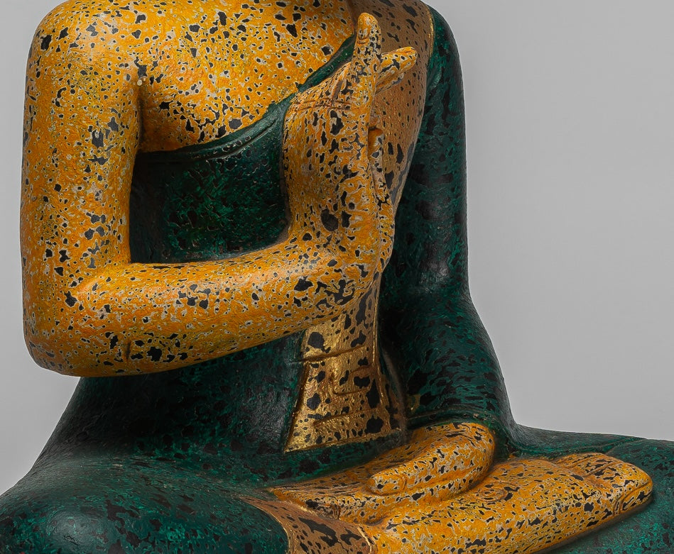 Buddha Statue - Antique Khmer Style Cambodia Seated Wood Buddha Statue Teaching Mudra - 54cm/22"