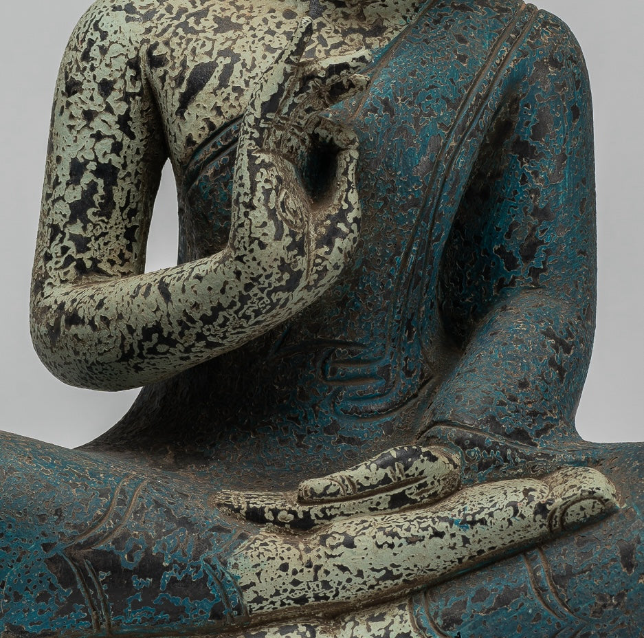 Buddha Statue - Antique Khmer Style Cambodia Seated Wood Buddha Statue Teaching Mudra - 44cm/18"