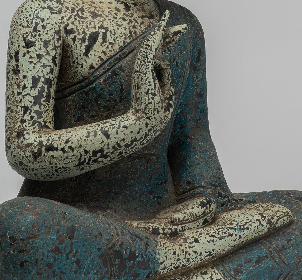 Buddha Statue - Antique Khmer Style Cambodia Seated Wood Buddha Statue Teaching Mudra - 44cm/18"