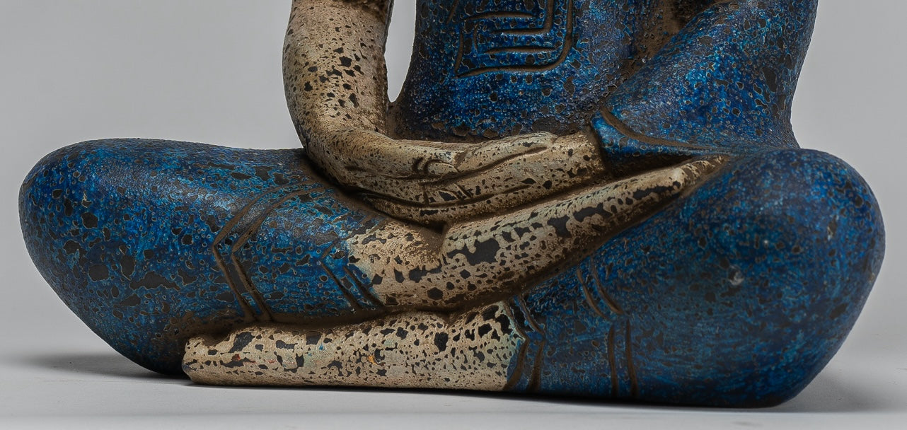 Buddha Sculpture - Antique Khmer Style Wood Seated Buddha Statue Dhyana Meditation Mudra - 33cm/13"