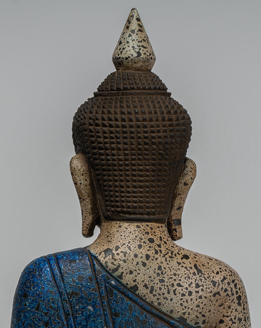 Buddha Sculpture - Antique Khmer Style Wood Seated Buddha Statue Dhyana Meditation Mudra - 33cm/13"