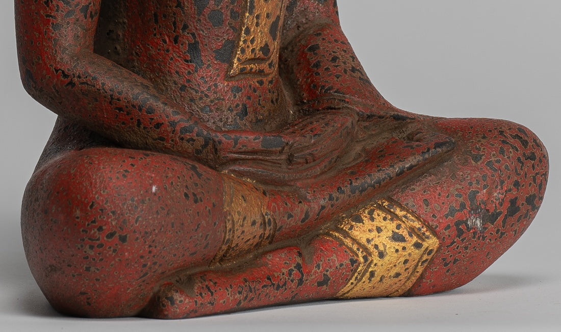 Buddha Sculpture - Antique Khmer Style Wood Seated Buddha Statue Dhyana Meditation Mudra - 28cm/11"