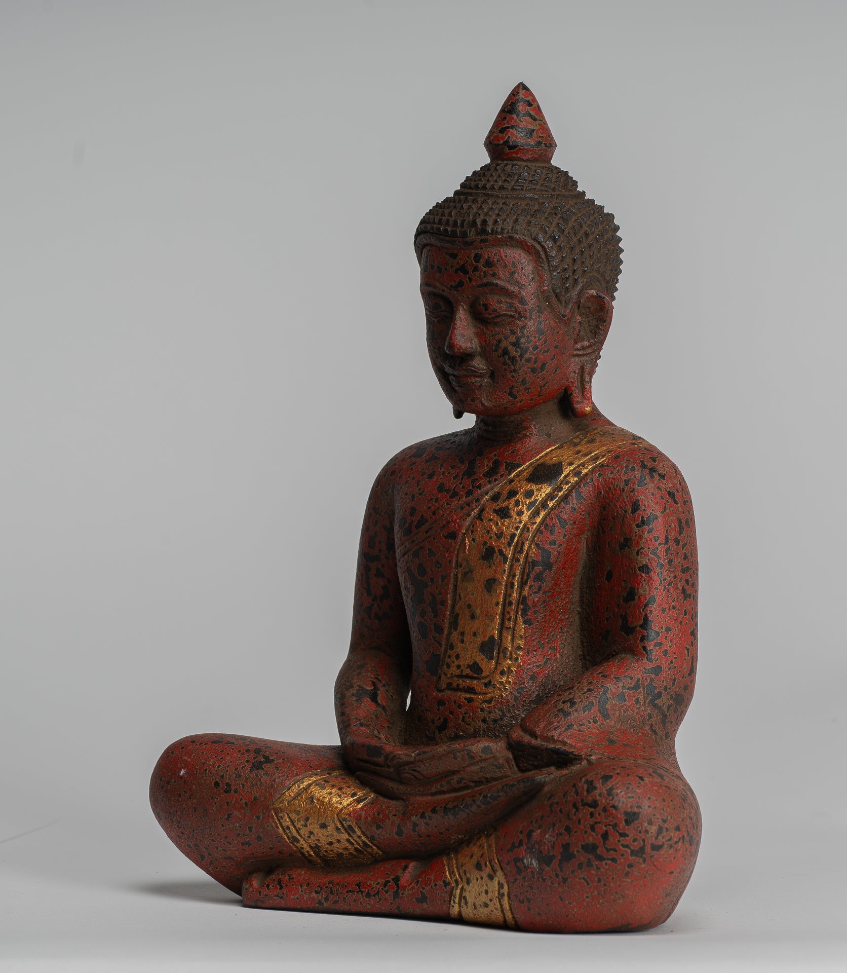Buddha Sculpture - Antique Khmer Style Wood Seated Buddha Statue Dhyana Meditation Mudra - 28cm/11"