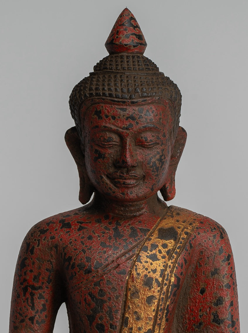 Buddha Sculpture - Antique Khmer Style Wood Seated Buddha Statue Dhyana Meditation Mudra - 28cm/11"