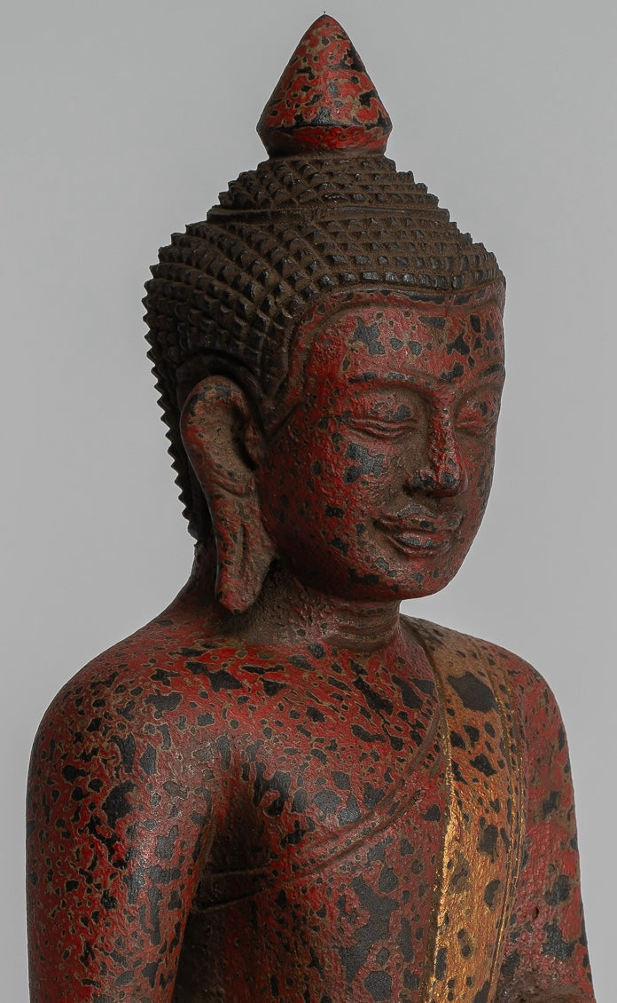 Buddha Sculpture - Antique Khmer Style Wood Seated Buddha Statue Dhyana Meditation Mudra - 28cm/11"