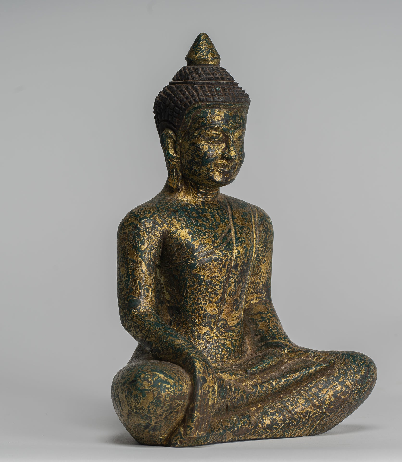 Buddha Statue - Antique Khmer Style SE Asia Seated Wood Enlightenment Buddha Statue - 27cm/11"