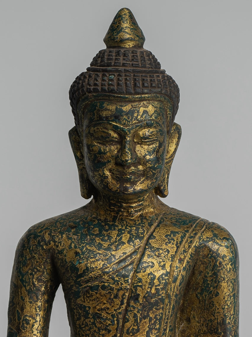 Buddha Statue - Antique Khmer Style SE Asia Seated Wood Enlightenment Buddha Statue - 27cm/11"