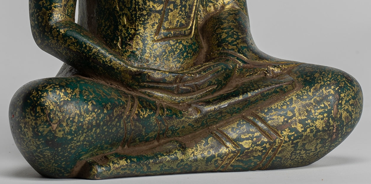 Buddha Sculpture - Antique Khmer Style Wood Seated Buddha Statue Dhyana Meditation Mudra - 28cm/11"