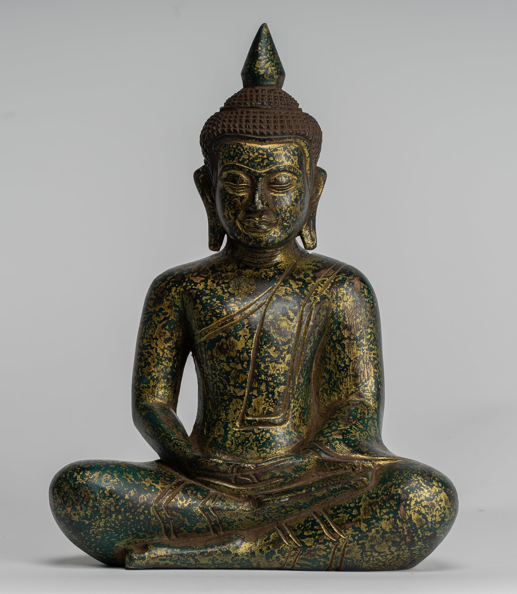 Buddha Sculpture - Antique Khmer Style Wood Seated Buddha Statue Dhyana Meditation Mudra - 28cm/11"