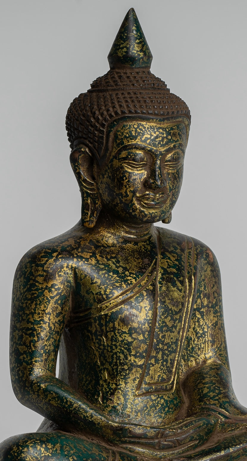 Buddha Sculpture - Antique Khmer Style Wood Seated Buddha Statue Dhyana Meditation Mudra - 28cm/11"