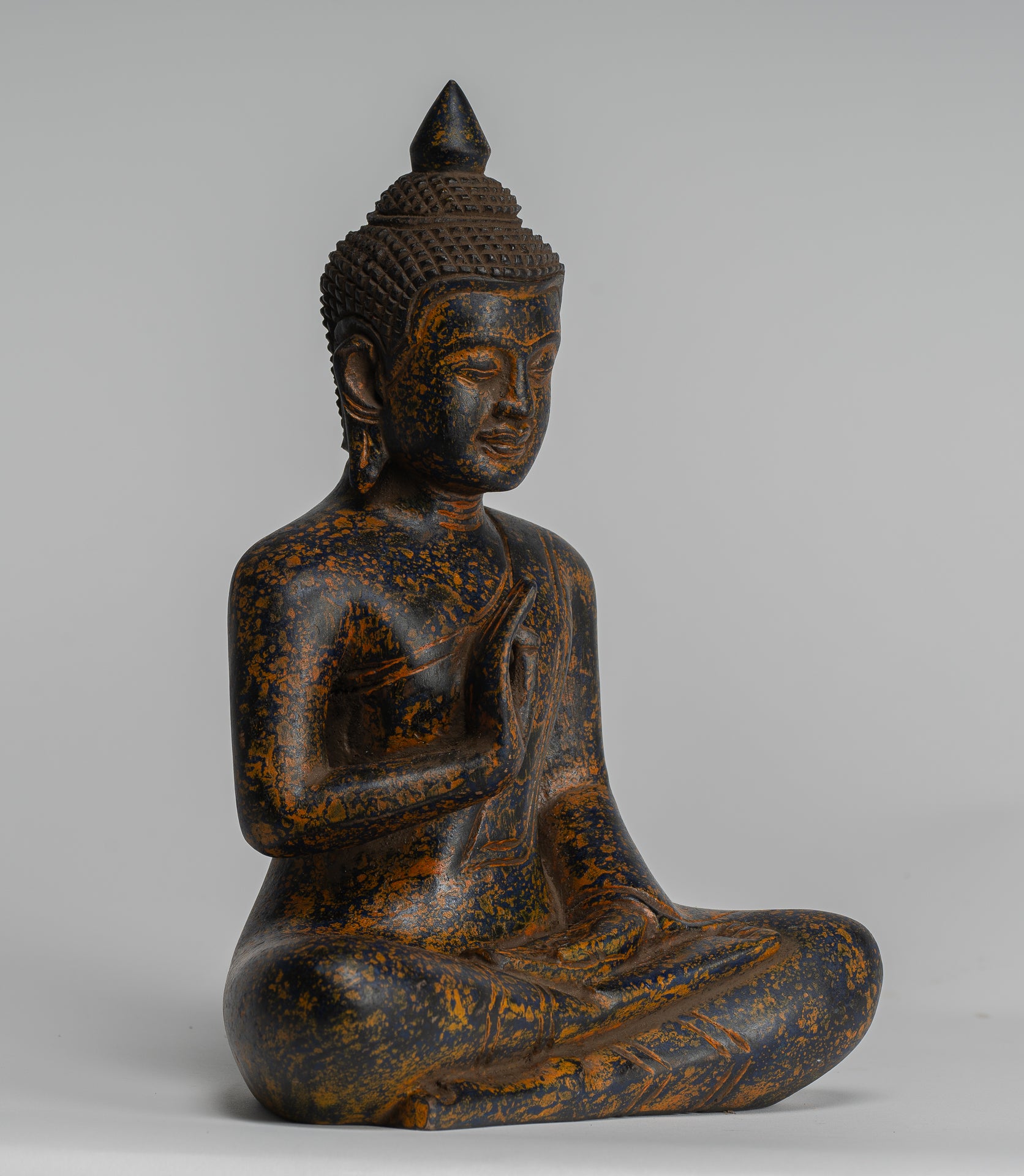 Buddha Statue - Antique Khmer Style Cambodia Seated Wood Buddha Statue Teaching Mudra - 27cm/11"