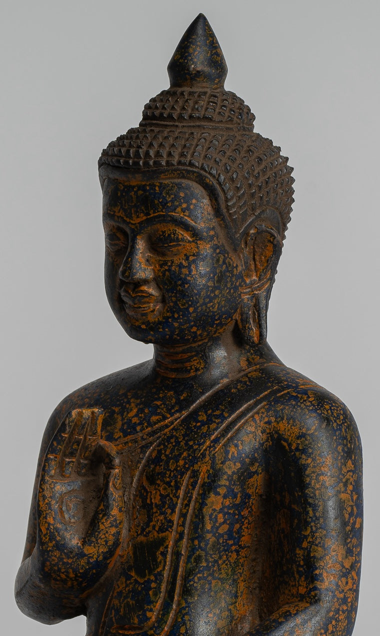 Buddha Statue - Antique Khmer Style Cambodia Seated Wood Buddha Statue Teaching Mudra - 27cm/11"