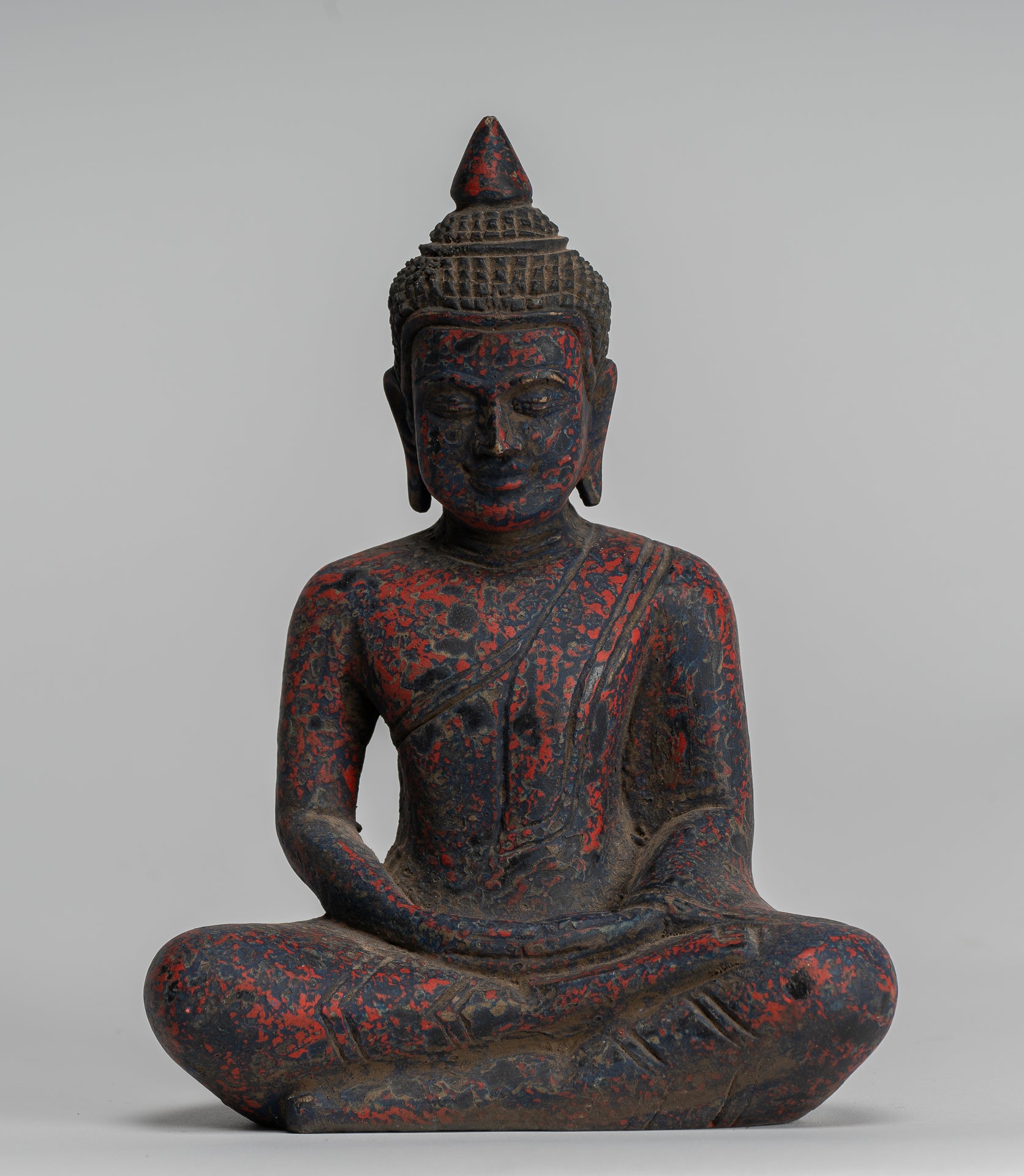 Buddha Sculpture - Antique Khmer Style Wood Seated Buddha Statue Dhyana Meditation Mudra - 21cm/8"