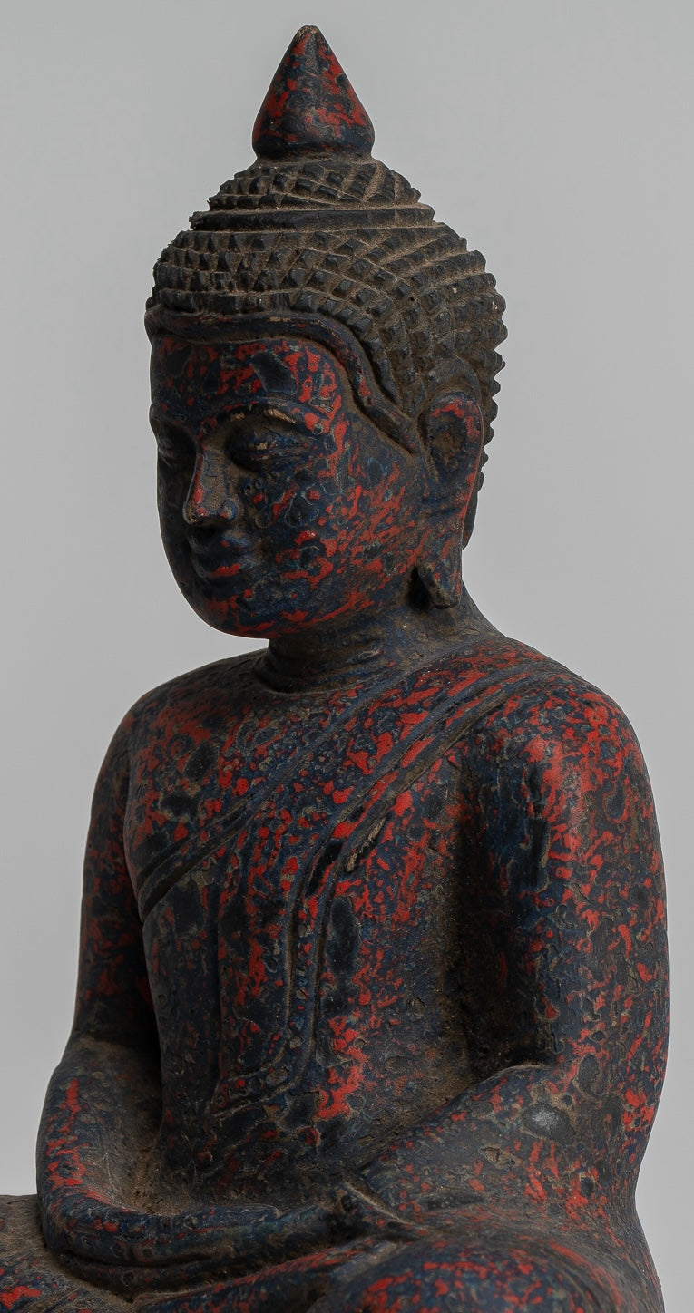 Buddha Sculpture - Antique Khmer Style Wood Seated Buddha Statue Dhyana Meditation Mudra - 21cm/8"