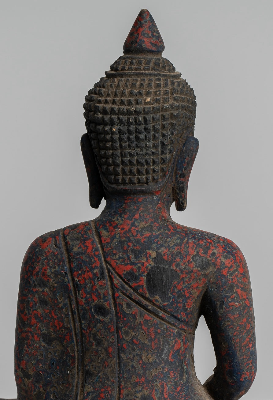 Buddha Sculpture - Antique Khmer Style Wood Seated Buddha Statue Dhyana Meditation Mudra - 21cm/8"