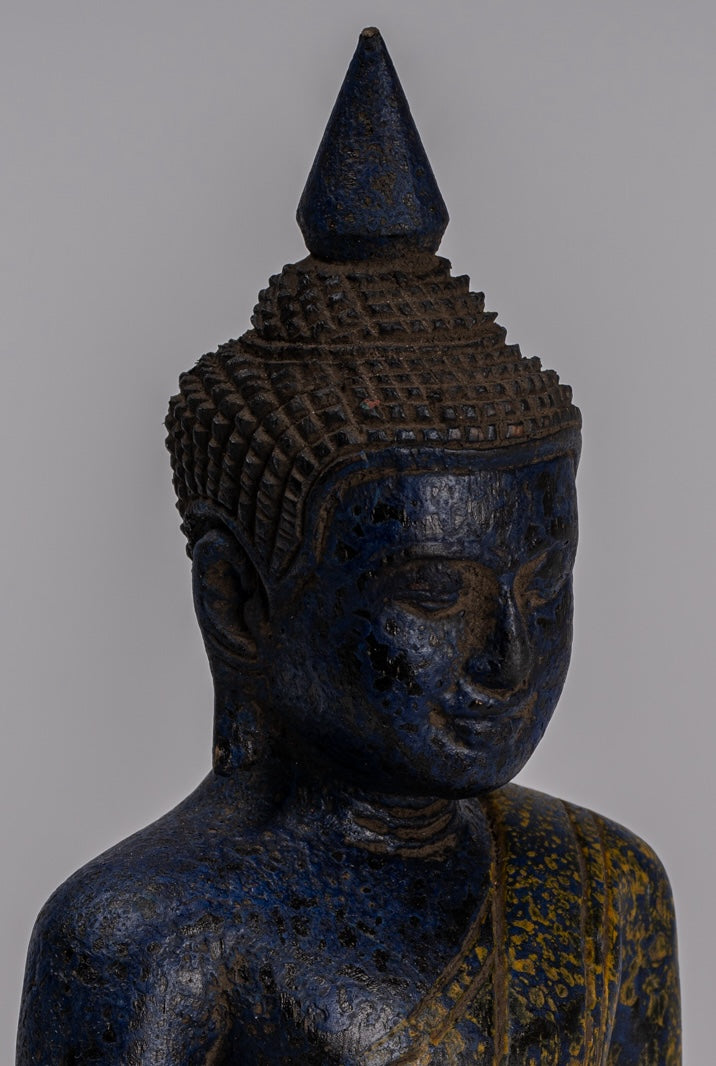 Buddha Sculpture - Antique Khmer Style Wood Seated Buddha Statue Dhyana Meditation Mudra - 22cm/9"