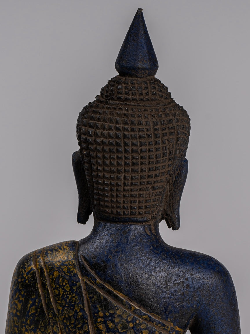 Buddha Sculpture - Antique Khmer Style Wood Seated Buddha Statue Dhyana Meditation Mudra - 22cm/9"