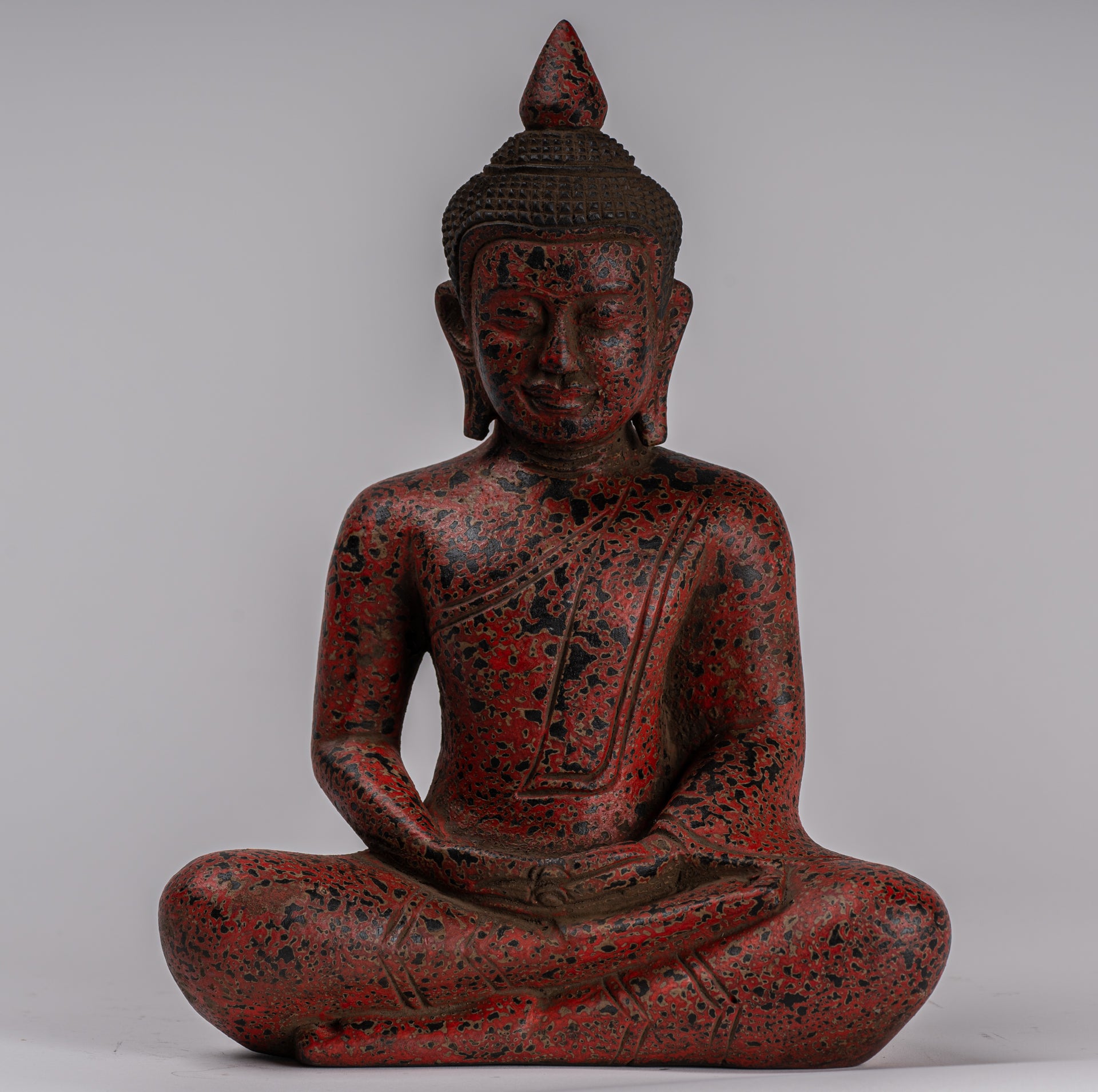 Buddha Sculpture - Antique Khmer Style Wood Seated Buddha Statue Dhyana Meditation Mudra - 26cm/10"